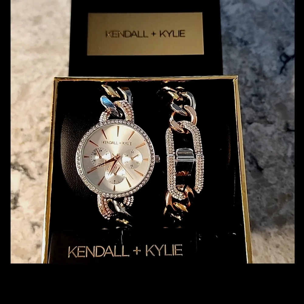 NWT Kendall + Kylie Two-Tone Crystal Watch/Bracelet Set